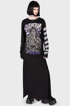 WITCHCRAFT SINS.- Soft, stretch cotton.- Statement, custom graphics on front and sleeves.- Long sleeves.- Crew neckline.- Relaxed.With KILLSTAR branding, Fabric 1: 100% Cotton Neck trim: 93% Viscose 7% Elastane.Machine wash cold (30°c) / Do not bleach / Do not tumble dry / Iron at low temperature / Do not dry clean. Imported. Stretch Graphic Print Top For Alternative Fashion, Stretch Tops With Graphic Print For Alternative Fashion, Fitted Cotton Top With Back Print, Fall Long Sleeve Top With Back Print, Alternative Style Cotton Top For Fall, Long Sleeve Band Merch Tops For Alternative Fashion, Edgy Cotton Long Sleeve Tops, Long Sleeve Graphic Print Tops For Alternative Fashion, Fitted Long Sleeve Tops With Band Merch Style