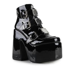 Golfito 03 Danger Zone Patent Black Platform Boots 6" Heels, 3" Platform Patent Vegan Leather Upper Adjustable Buckle Straps Silver Metal Plates Accents Zipper Closure In The Back Platform Vegan Leather Outsole Black High Platform Shoes, Demonia Boots, Danger Zone, Black Platform Boots, Metal Plates, Platform Block Heels, Fashion Aesthetics, Fashion Wishlist, Black Platform