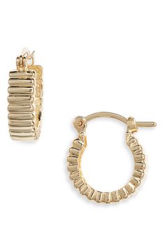 Ridge-rimmed hoops make the most of light play from the 18-karat-gold plating on these simple and chic huggie-hoop earrings. 18k-gold plate Made in the USA of imported materials Gold-tone Tarnish-resistant Small Hoop Huggie Earrings, Gold-tone Tarnish Resistant Small Hoop Huggie Earrings, Gold-tone Small Hoop Huggie Earrings, Tarnish Resistant, Gold-tone Single Huggie Hoop Earring, Yellow Gold Hoop Earrings With Gold-tone Hardware, Everyday Yellow Gold Clip-on Huggie Earrings, Gold-tone Tarnish Resistant Huggie Earrings, Gold-tone Tarnish-resistant Huggie Earrings, Gold-tone Hoop Earrings