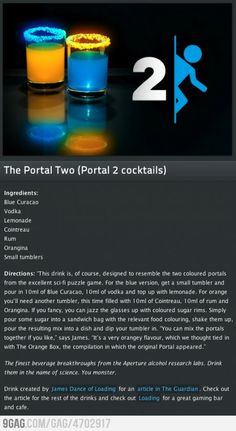 the portal two portal 2 cocktails is displayed in front of a dark background with blue and