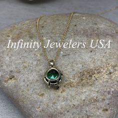 "The pendant pictured is a round lab created emerald and diamond #6885 -Approximate total carat weight: approx. 2.75ctw diamond equivalent -Center Stone Size: 9mm - approx. 2.70ct diamond equivalent -Center Stone Shape: round/rose cut -Gem Type: lab created emerald -Stone Clarity: VS2 -Stone Color: Rich Green -Moh's Scale: 8.5 hardness -Accent Stone Size: round approx. 0.04ct. diamond equivalent -Gem Type: genuine diamond -Stone Clarity: SI1 -Stone Color: G -Moh's Scale: 10 hardness -Metal Type Formal Emerald Necklace With Round Pendant, Round 14k Gold Emerald Birthstone Necklace, Round Emerald Necklace For Anniversary, Anniversary Birthstone Necklace With Prong Setting, Formal Birthstone Necklace With 17 Jewels In Round Pendant, Pendant Necklace With May Birthstone In Prong Setting, Cubic Zirconia May Birthstone Round Pendant Jewelry, Cubic Zirconia Round Pendant For May Birthstone, Gold Emerald Necklace With Round Birthstone