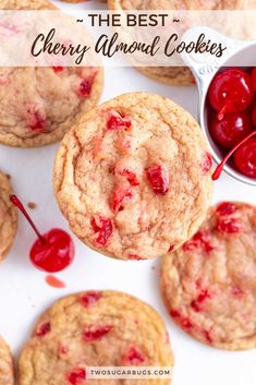 cherry almond cookies with cherries in the background and text overlay that reads, the best cherry almond cookies