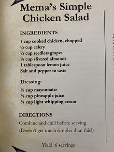 a menu listing the ingredients for chicken salad