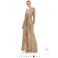 Beautiful, Gold Long Sleeved Dress. Worn Once. Gold Gown, Sheath Gown, Sleeve Gown, Unique Prom Dresses, Long Sleeve Gown, Column Gown, Plunge Neckline, Mac Duggal, A Line Gown