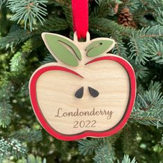 an apple ornament hanging from a tree with the name londonberry on it