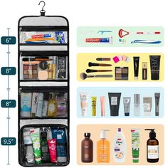 the contents of a travel bag are shown in three different sections, including toothbrushes and lotion