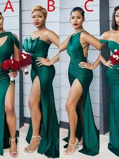 four different pictures of the same woman in green dresses with one leg slited up