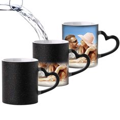 three coffee mugs with the same image as water pouring out of one and two