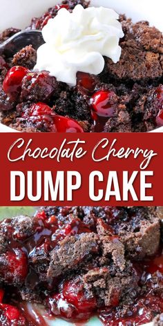 chocolate cherry dump cake with whipped cream on top