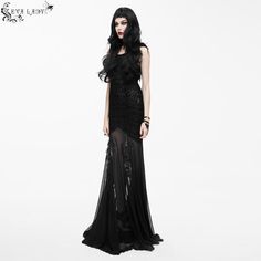 A stunning, glamorous floor-length gothic dress that belongs in a film noir!The skirt features floral embroidery whereas the bodice is embossed with a gothic paisley pattern.Feathered lace is sewn on the shoulders also. Product Specifications:Style: GothicFabric: 95% Cotton, 5% Spandex Black Gothic Evening Dress For Prom, Gothic Black Fitted Evening Dress, Gothic Evening Ball Gown, Fitted Gothic Black Evening Dress, Fitted Black Gothic Evening Dress, Gothic Gown For Halloween Party, Gothic Ball Gown For Halloween, Gothic Halloween Party Gown, Gothic Ball Gown For Party