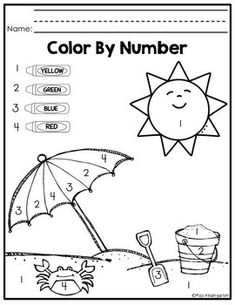 a coloring page with an umbrella, sand and buckets on the beach for kids to color