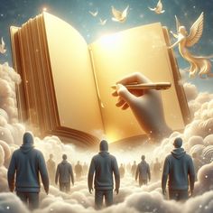 a hand holding a pen over an open book in the sky with many people surrounding it