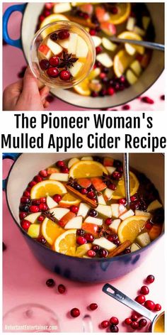 a pan filled with apples and cranberries on top of a pink tablecloth