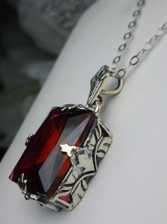 Red Ruby Pendant Necklace, GL Pendant, Art Deco Vintage Jewelry design, Rectangle Gemstone, Vintage Jewelry, Silver Filigree, Silver Embrace Jewelry, P15 Red Pendant Necklace With Intricate Design, Elegant Red Necklace With Rectangular Pendant, Elegant Red Square Pendant Necklace, Exquisite Red Pendant Necklace, Rectangle Art, Red Gemstone Square Pendant Necklace, Vintage Art Deco Necklace, Leaf Filigree, Red Pendant Necklace