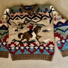 This Sweater Was A Gift To Me Back In The 90's. It's In Perfect Condition. Beth Dutton Sweaters, Vintage Sweater Collection, Fair Isle Sweater Ralph Lauren, Vintage Patterned Sweaters, Curling Sweater Vintage, Navajo Sweater Pattern, Punchy Sweater, Ralph Lauren Wool Long Sleeve Sweater, Ralph Lauren Long Sleeve Winter Sweater