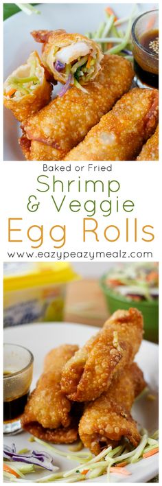 fried shrimp and veggie egg rolls on a plate with dipping sauce in the background