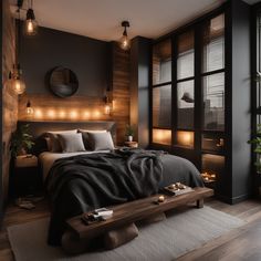 a bed sitting in a bedroom next to a window with lots of lights on it