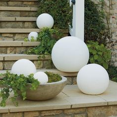 some white balls are sitting on the steps next to a bowl with plants in it