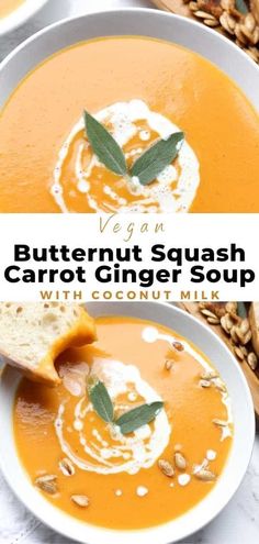 two bowls of butternut squash carrot ginger soup with coconut milk and sage leaves on top