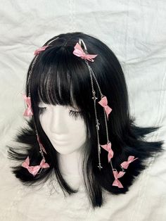 Satin bow hair chain. For the Coquette and cute. Hair Chain Accessories, Cute Hair Pins, Ribbon Hair Clip, Cute Hair Accessories, Heart Hair Clips, Pink Hair Clips Aesthetic, Harajuku Bow Hair Accessories For Party, Elegant Pink Ribbon Hair Accessories, Hime Gyaru Hair Accessories