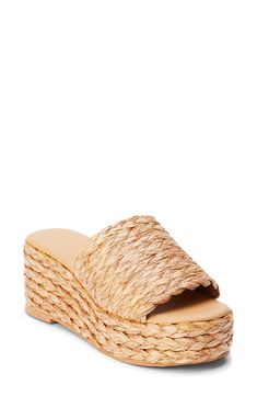 Give your warm-weather looks a boost with this summery sandal boasting a raffia top strap, wedge heel and platform. 3" heel; 1 3/4" platform Raffia upper/synthetic lining and sole Imported Strap Wedge, On Beach, Platform Wedge Sandals, Platform Wedge, Wedge Sandal, Sandal Women, Platform Wedges, Wedge Heels, Wedge Sandals