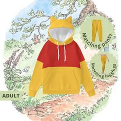 a yellow and red hoodie with the words, matching parts on it's chest