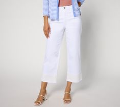 Feelin' fancy? A wide swath of charming lace trims these otherwise-casual stretch denim crops, designating them for brunch dates, vineyard tours, and stylish in-office days. From Susan Graver. Elegant Cropped Leg Spring Jeans, Elegant Cropped Leg Jeans For Spring, Spring Workwear Cropped Jeans With Frayed Hem, Non-stretch Cotton Cropped Jeans For Spring, Spring Workwear Jeans With Frayed Hem, Spring Cropped Jeans With Frayed Hem For Work, Spring Non-stretch Cotton Cropped Jeans, Elegant Denim Bottoms For Spring, Chic Cropped Jeans For Spring