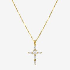 Included: 1 Necklace(s), 1 Pendant(s)Features: In A Gift Box, Religious Jewelry, Nickel FreeJewelry Closure: Lobster ClaspLink Construction: SemisolidShape: CrossStone: Cubic ZirconiaStone Cut: HeartStone Millimeter Measurement: 5 Mm Width, 5 Mm LengthMetal Color: Gold ToneChain Length: 16 InchExtender Length: 2 InchPendant Length: 23.2mmPendant Width: 16.6mmMetal: 14k Gold Over BrassChain Construction: LinkCare: Polishing ClothStone Type: 6 Cubic ZirconiaCountry of Origin: Imported Classic Cubic Zirconia Cross Necklace As Gift, Classic Cubic Zirconia Cross Necklace For Gift, Gold Cubic Zirconia Cross Necklace As A Gift, 14k Gold Spiritual Cross Pendant Necklace, Gold Cubic Zirconia Pendant Cross Necklace, Yellow Gold Polished Cross Necklace Pendant, Elegant Brass Cross Pendant Necklace, Tarnish-resistant Yellow Gold Cross Pendant Necklace, Cross Pendant Necklace