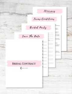 three pink and white bridal contact cards with the words,'wedding party save the date '