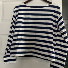 Never Worn J Crew Navy And White Top. Thicker Than A Standard Tee And A Boatneck Collar. Great For Cool Summer Nights Or Year Round Layering. Blue Nautical Cotton Tops, White Nautical Tops For Spring, Navy Sailor Tops For Spring, Navy Sailor Style Top For Spring, Cotton Sailor Style Top, Sailor Striped Long Sleeve Top, Striped Sailor Long Sleeve Top, Sailor Style Striped Long Sleeve Top, Nautical Long Sleeve Tops For Summer