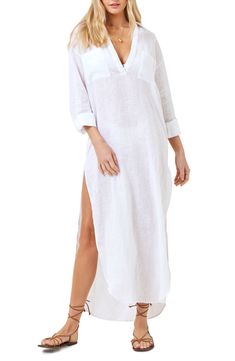 Look effortlessly chic on the beach or by the pool in this linen cover-up fashioned with breezy side slits. 55" length Spread collar Split neck Long sleeves 100% linen Hand wash, dry flat Imported Chic Linen Beach Dress For Spring, Chic Linen Beach Dress For Vacation, Chic V-neck Linen Beach Dress, White Beach Dress With Side Slits, White Beach Dresses With Side Slits, Beach Linen Dress With Side Slits, Linen Beach Dresses With Side Slits, V-neck Linen Dress For The Beach, Chic Relaxed Fit Beach Dress For Beach Season