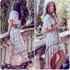 Boho High-Low Dress With Open Back And Tie Front In A Beautiful Rayon Bohemian Print. Feminine V-neck Boho Dress For The Beach, Bohemian Short Sleeve Dress For Day Out, Festival Floral Print Short Sleeve Dresses, Feminine Boho Maxi Dress For Beach, Feminine Fitted Boho Beach Dress, Fitted Bohemian Beach Dress For Brunch, Feminine Boho Dress With Boho Print For Vacation, Feminine Boho Maxi Dress For Vacation, Feminine Flowy Boho Beach Dress