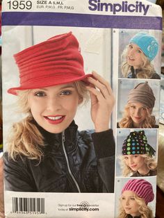 Simplicity 1959 Misses' Fleece  Hats in Three Sizes Sewing Pattern with Five Designs from 2011. Cute and Fun Designs  that you can make long before winter shows up.  The pattern is Uncut and Complete with factory folds.  INSTANT SAVINGS Use the coupon code TAKE5OFF and get 5% off your purchase. Free US shipping with $35 purchase $18 Flat Rate shipping for International customers with $35 purchase (cost difference refunded after purchase). I offer combined shipping from my shops, GoofingOff Sewin Hat Sewing Patterns, Hat Sewing, Fleece Hats, Hat Patterns To Sew, Trendy Hat, Fleece Hat, Slouch Beanie, Hat Patterns, Simplicity Sewing