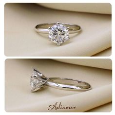 two pictures of an engagement ring with a diamond in the center and on the side