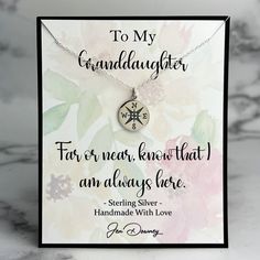 granddaughter near or far quote Silver Compass Necklace, Granddaughter Quotes, Compass Necklace Silver, To My Granddaughter, Compass Necklace, Granddaughter Gift, Quote Cards, Care Card, Free Gift Wrapping