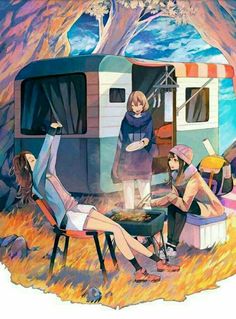 some people sitting around a camper in the grass and one person is cooking food