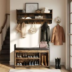 there is a coat rack on the wall next to shoes and purses in this entryway