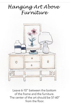 a drawing of a dresser with flowers on it and a lamp next to the dresser