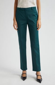 Refresh your wardrobe with straight-leg pants cut from a comfortable stretch-cotton blend. Zip fly with hook-and-bar closure Front slant pockets; back welt pocket 56% cotton, 40% viscose, 4% elastane Dry clean Imported Green Pants With Welt Pockets And Straight Hem, Classic Green Bottoms With Straight Hem, Green Straight Hem Pants For Work, Straight Pants With Welt Pockets For Fall, Fall Straight Pants With Welt Pockets, Green Straight Leg Formal Pants, Tailored Straight Pants For Work, Business Casual Spring Pants With Straight Silhouette, Green Straight Leg Formal Bottoms