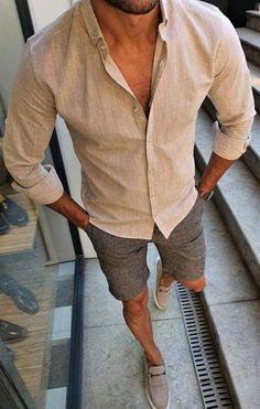 Mens Vacation Outfits, Linen Shirt Outfit, Button Collar Shirt, Mens Summer Outfits, Buttoned Shirt, Mens Casual Outfits Summer, Beige Shirt, Italy Outfits, Men Fashion Casual Outfits