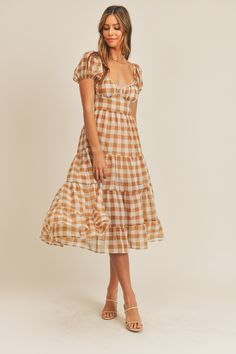 Short puff sleeves, gingham plaid midi-dress. Open back self tie. poly (also comes in dusty blue) Gingham Midi Dress, Wineries Outfit, Layer Dress, Gingham Check, Puffed Sleeves, White Trim, Fall Dresses, Tie Back, Swing Dress