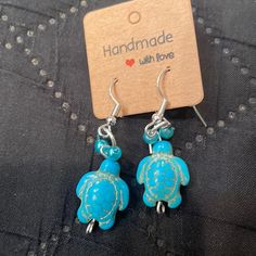 Handmade Turtle Earrings. Cute With Everything! Includes Silicone Backs To Ensure They Are Not Lost! Nickel-free Blue Beaded Earrings As Gift, Nickel-free Blue Beaded Earrings For Gifts, Blue Hypoallergenic Beaded Earrings As Gift, Hypoallergenic Blue Beaded Earrings For Gift, Nickel Free Light Blue Beaded Earrings For Gift, Nickel-free Light Blue Beaded Earrings Gift, Handmade Casual Earrings For Gift, Nickel-free Casual Jewelry For Gifts, Nickel Free Casual Jewelry Gift