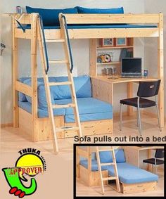 a bunk bed with a desk underneath it and a ladder to the top that leads up