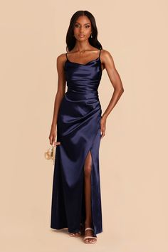 Lydia Navy Cowl Neck Satin Bridesmaid Dress | Birdy Grey