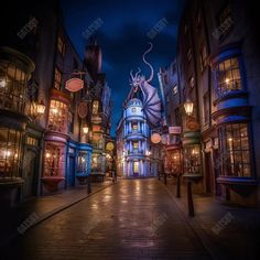 the wizard's village at night with lights on and buildings lit up in the background