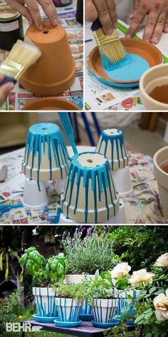 four pictures showing different ways to decorate pots with flowers and plants in them, including paint