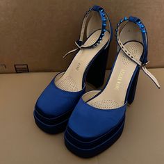 Royal Blue Platform Heels. They’re Actually Surprisingly Comfortable To Wear Despite Being So Tall. Never Worn Outside, Just Inside My House Blue Heels With Padded Heel For Night Out, Blue Platform Heels For Night Out, Formal Blue Platform Heels, Pakistani Shoes, Blue Platform Heels, Royal Blue Wedding Shoes, Royal Blue Heels, Nike Shoes Women Fashion, Fancy Heels