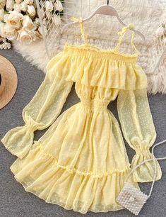 Lovely tulle long sleeve dress Fabric: blended Color: yellow, white, blue, black Size(cm): free size length 86 bust 84-98 waist 54-70 Off Shoulder Short Dress, Elastic Waist Dress, Dress Spaghetti, Really Cute Outfits, Teen Fashion Outfits, Waist Dress, Cute Casual Outfits, Short Dress, Pretty Dresses