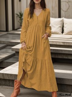 Olivia Mark - Vintage Buttoned Cotton Linen Casual Long Sleeve Maxi Dress with Pleated Hem - Multiple Colors Maxi Skirt Pattern, Vacation Maxi Dress, 2023 Clothes, Dress Patterns Diy, Hemp Clothing, Cotton Long Dress, Trendy Dress Outfits, Womens Fall Dress, Muslim Fashion Dress