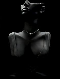 a black and white photo of a mannequin's head with a diamond necklace